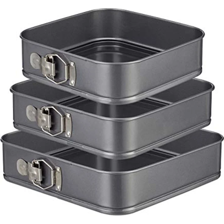 Relaxdays Springform quadratisch 3er Set, antihaftbeschichtet, eckige Kuchenform, Carbonstahl, 24, 26 & 28 cm, anthrazit – Bild 1
