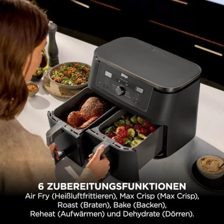 Ninja Heißluftfritteuse MAX Dual Zone DZ400EUBK, 9,5 L, 6-in-1, 2 Schubladen, Kochen ohne Öl, spülmaschinengeeignete Antihaft-Körbe, Onyxschwarz – Bild 5