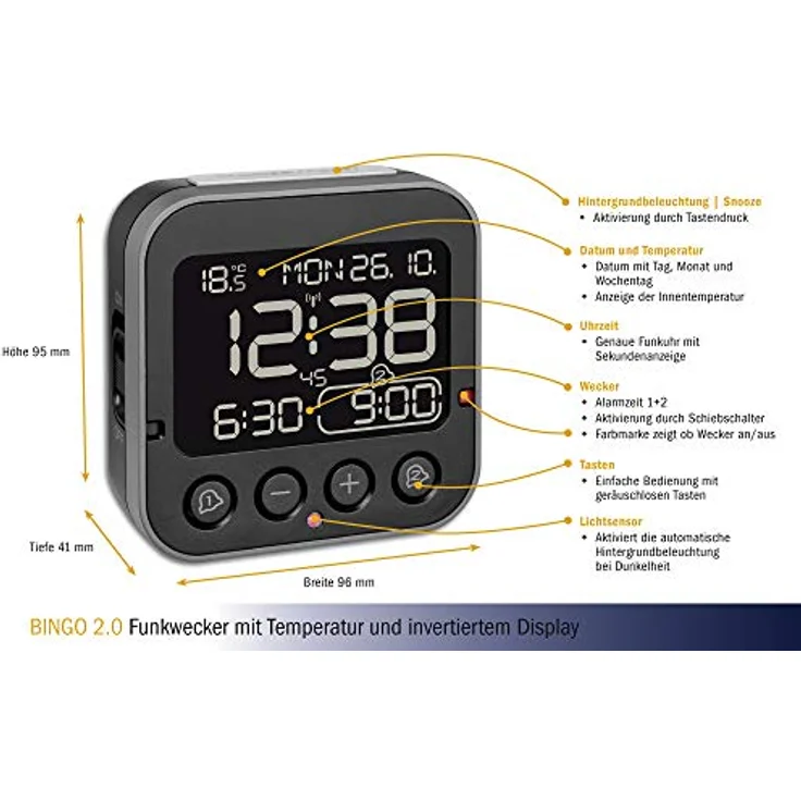 TFA Dostmann Bingo 2.0 digitaler Funk-Wecker, 60.2552.01, hohe Genauigkeit, Funkuhr, Temperaturanzeige, Datum,L 95 x B 41 x H 96 mm – Bild 3