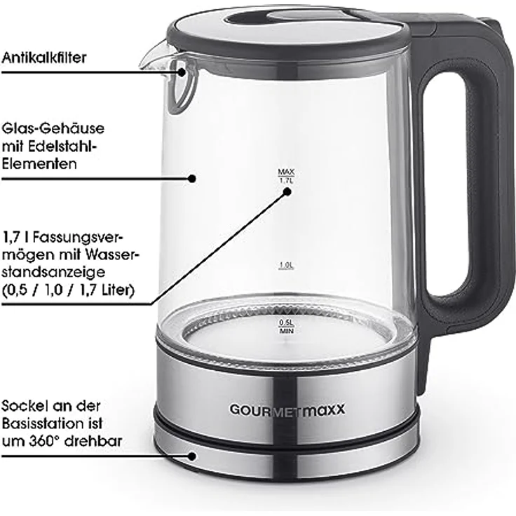 GOURMETmaxx Glas-Wasserkocher in zeitlosem Edelstahl-Design mit blauer LED-Beleuchtung | Praktische Wasserstandsanzeige, Antikalkfilter, 1,7 Liter Fassungsvermögen – Bild 5