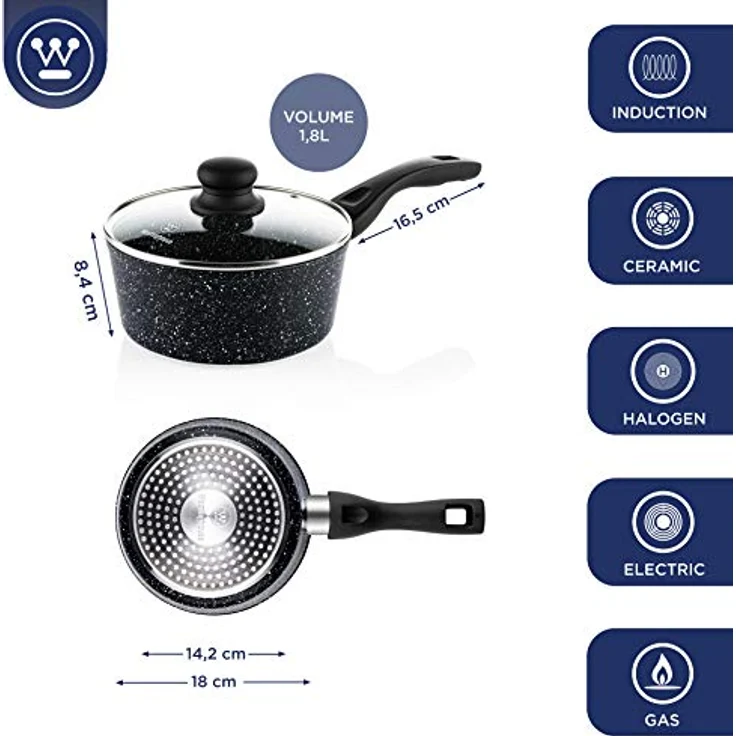 Westinghouse Stielkasserolle 18cm mit Glasdeckel, 3-lagige Marmor-Antihaftbeschichtung, aus geschmiedetem Aluminium, Induktionsgeeignet, Griff Silikonbeschichtung, schwarz, WCSP0009018MBB – Bild 4