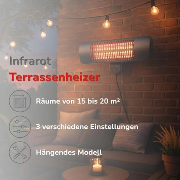alpina Infrarotheizung Hängend Heizstrahler 2000W, 3 Heizstufen, spritzwassergeschützt IP34, Terrassenheizung schwarz – Bild 2