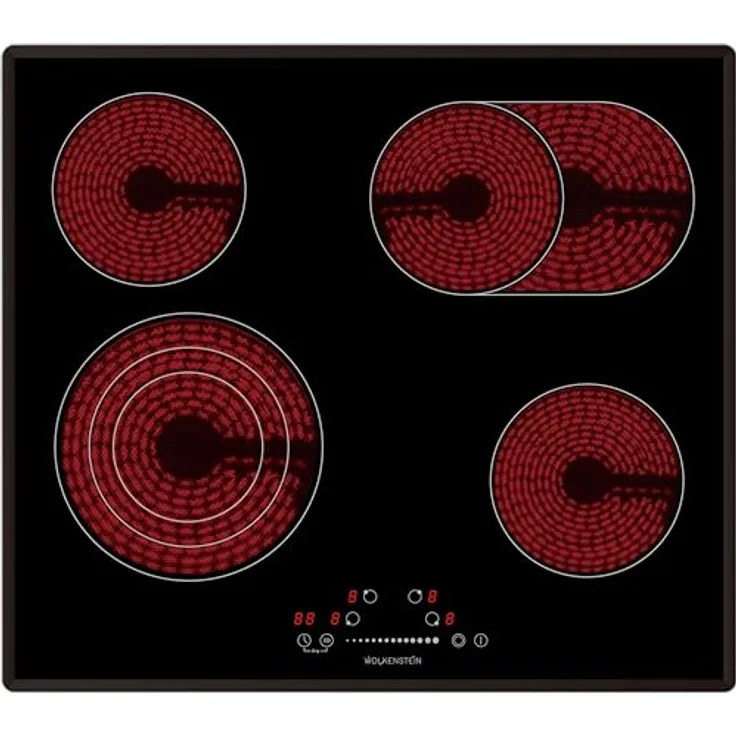 Wolkenstein WEB-C4-3KBG Glaskeramikkochfeld | Bräterzone | Dreikreiszone | Timer | Kindersicherung | Stop & Go Funktion | 9 Heizstufen | 59 cm Breite | 6700 W Leistung, Edelstahlrahmen