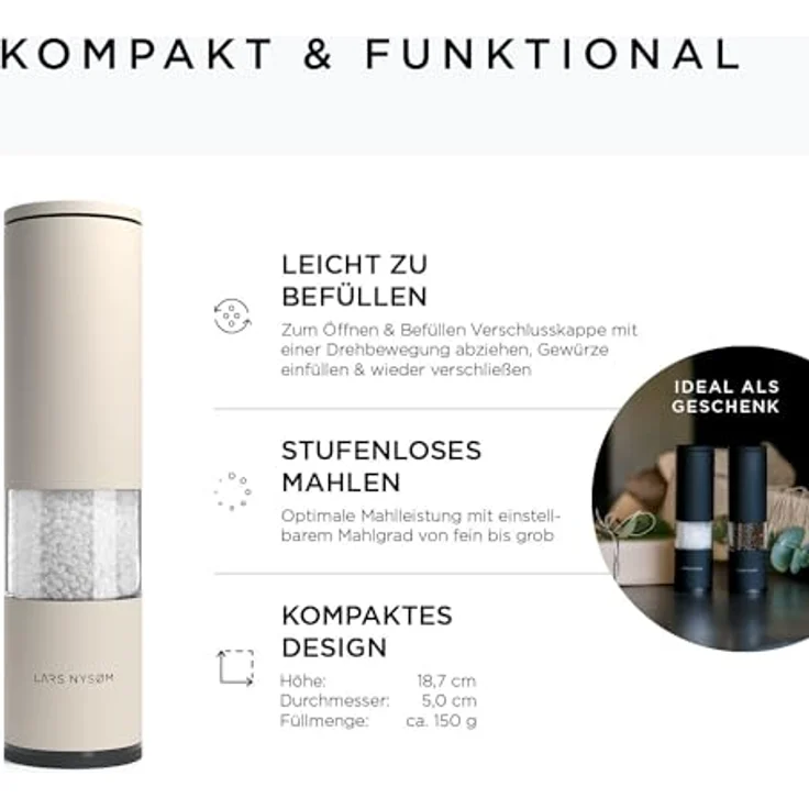 LARS NYSØM Salz und Pfeffer Mühle 2er Set Manuell mit einstellbarem Keramik-Mahlwerk von grob bis fein I Design Gewürzmühlenset (2 Stück) (Buttercream) – Bild 4