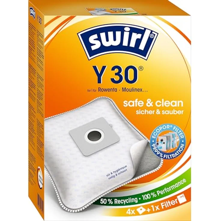 Swirl Y 30 EcoPor Staubsaugerbeutel, reißfeste 4er Packung für Rowenta & Moulinex, 99,9% Filterung von Hausstaub & allergenem Feinstaub – Bild 1