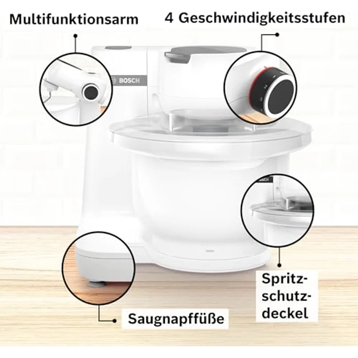 Bosch Küchenmaschine Serie 2 MUMS2AW01, 3,8l Kunststoff-Schüssel, Durchlaufschnitzler, 4 Scheiben, 4 Stufen, Knethaken/Rührbesen/Schlagbesen, spülm.fest, 700 W, weiß – Bild 4
