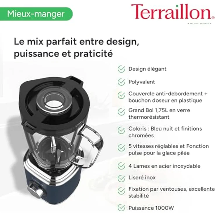 Terraillon New Moon, Elektrischer Standmixer mit 1,75 l Glas-Schüssel, 600 W, 5 Geschwindigkeiten, Pulsfunktion, Edelstahlklingen, Überlaufschutz – Bild 3