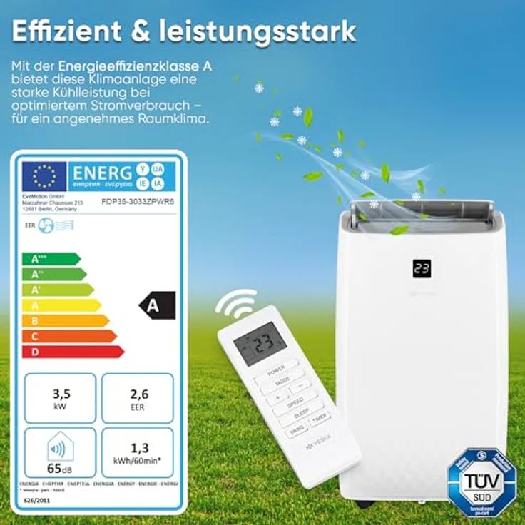 VESKA Mobile Klimaanlage FDP35-3033ZPWR5, 12000 BTU/h (3,5 kW) 4in1 mit WiFi/App, Fernbedienung, 24h-Timer, Luftentfeuchter – Bild 5