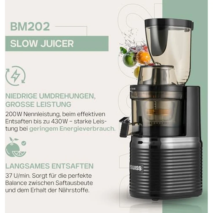 4Swiss Slow Juicer BM202, Entsafter mit Ultem-Schnecke, 40 U/Min, XXL-Einfüllschacht, leise, BPA-frei, schwarz – Bild 2