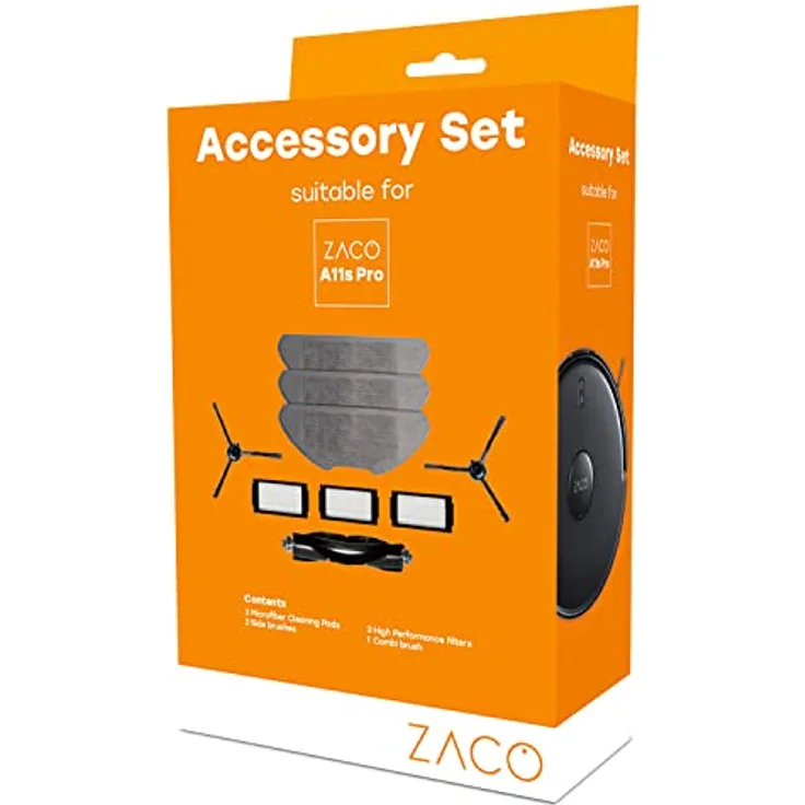 ZACO A11s Pro original Zubehör Set für Saugroboter und Wischroboter, Ersatzteile inkl. Feinpartikel Filter, Seitenbürsten, Wischtücher & Hauptbürste