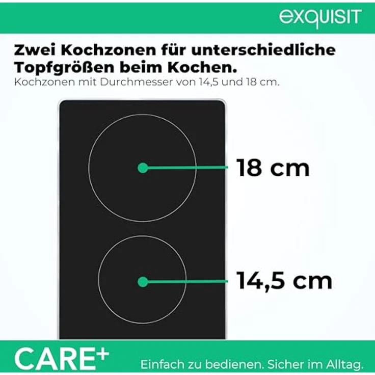 Exquisit Glaskeramik-Kochfeld EKC300-RK-420Care, 2 Kochstellen mit Drehknopf Bedienung, Restwärmeanzeige, 11 Leistungsstufen, Schwarz – Bild 6