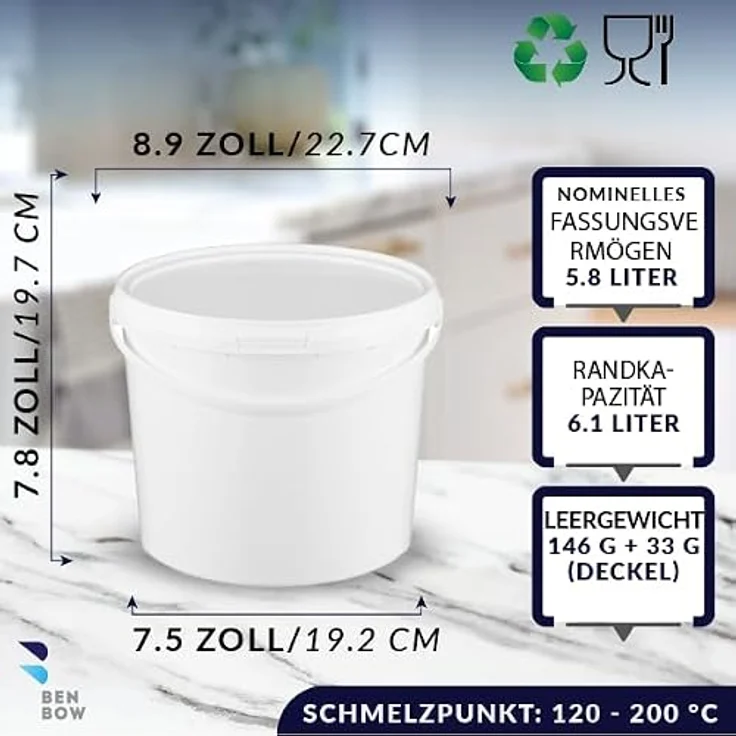 BenBow Eimer mit Deckel 5l weiß 5X 5l - lebensmittelecht, stabil, luftdicht, auslaufsicher, geruchsneutral - Plastikeimer mit Henkel - leer – Bild 4