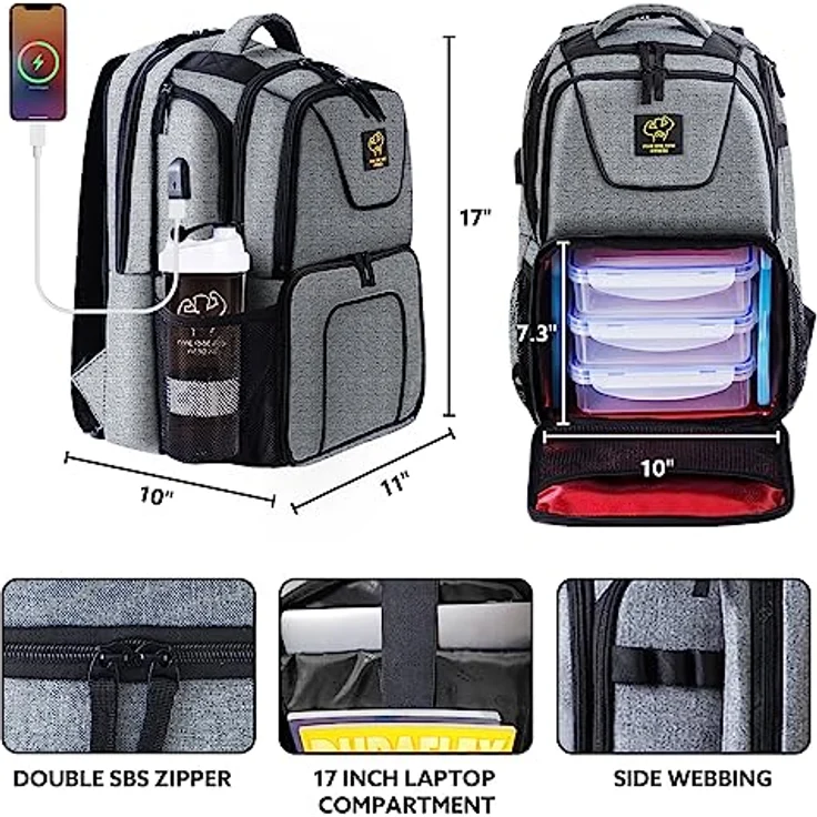 UPGRADED 519 Fitness Meal Prep Rucksack, isoliert, wasserdicht, Kühler, Lunch-Rucksack, Wanderrucksack für Herren und Damen, Picknick-Kühler Rucksack mit 3 Mahlzeit-Behältern und 2 Kühlakkus Large grau – Bild 3