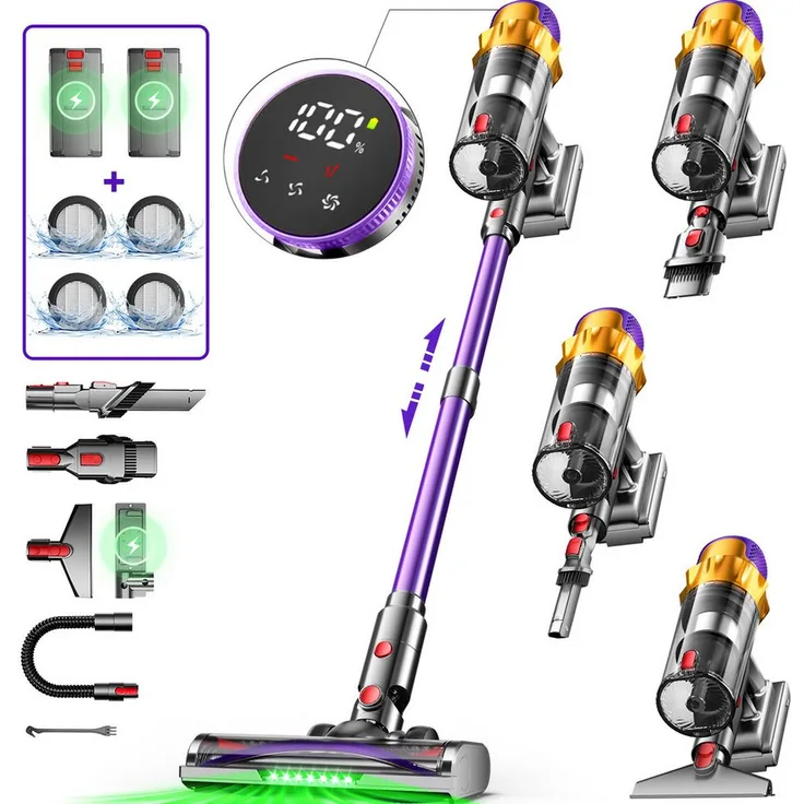 Hiazurm Akku-Hand- und Stielstaubsauger AZA340, 80000Pa Saugkraft, 70 Min Akkulaufzeit, 1,8L Fassungsvermögen, 8-in-1 für Teppich und Hartboden, HEPA-Filter, mit LED-Display und grünem LED-Licht