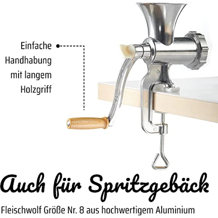 GSW Fleischwolf Nr. 8 mit Gebäckvorsatz, manuell, aus Aluminium und Edelstahl, Edelstahlmesser und - lochscheibe, edelstahl – Bild 3