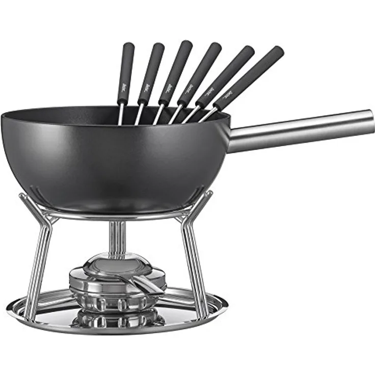 Spring Fondue Set ALU INDUCTION | Aluminium Guss Topf Emailliert | Schwarz | Antihaftbeschichtet | Rechaud Brenner | inkl. 6 Fondue Gabeln | für alle Herdarten geeignet | 2L | Ø23cm