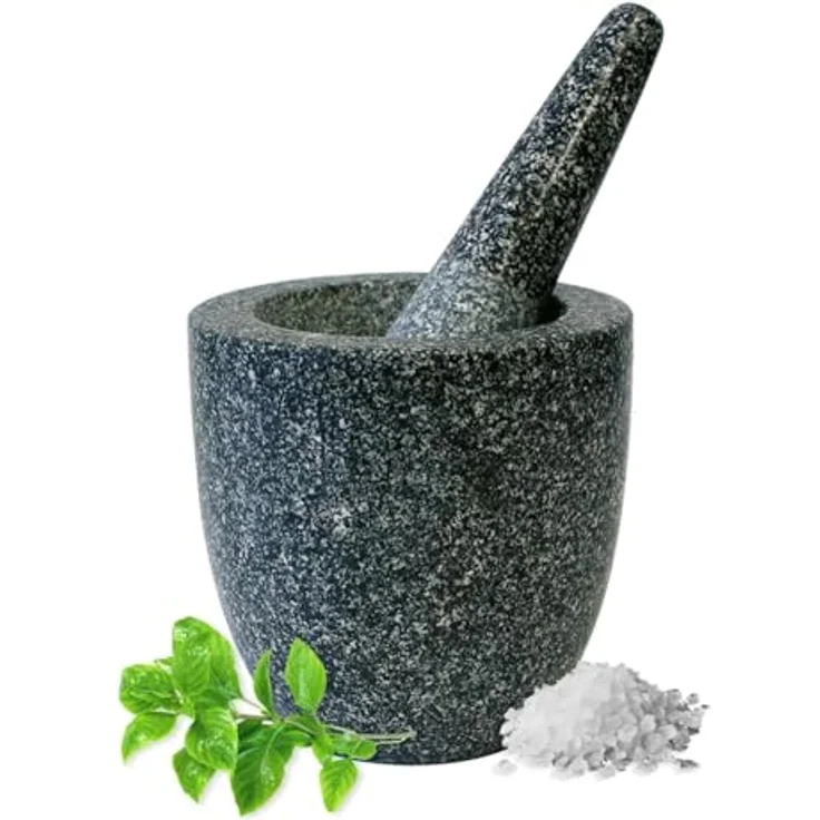 JADE TEMPLE Steinmörser mit Stößel im Set, effektives und einfaches mörsern, aus massivem Granit mit 12 cm Durchmesser und 12 cm Höhe – Bild 2