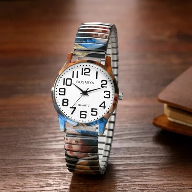 JewelryWe Boho Elastische Armbanduhr, Damen Analog Quarz Uhr mit Vermeer Kunstmotiv, Edelstahl Zugarmband, große Zahlen, 1ATM Wasserschutz – Bild 4