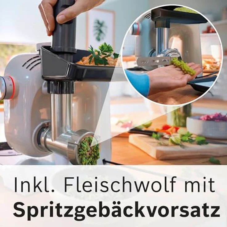 BOSCH Küchenmaschine Serie 4 MUM5XL74, 1000 W, integrierte Waage, 9,4 l Edelstahlschüssel, Mixer, Weiß, mit Fleischwolf und Würfelschneider – Bild 13