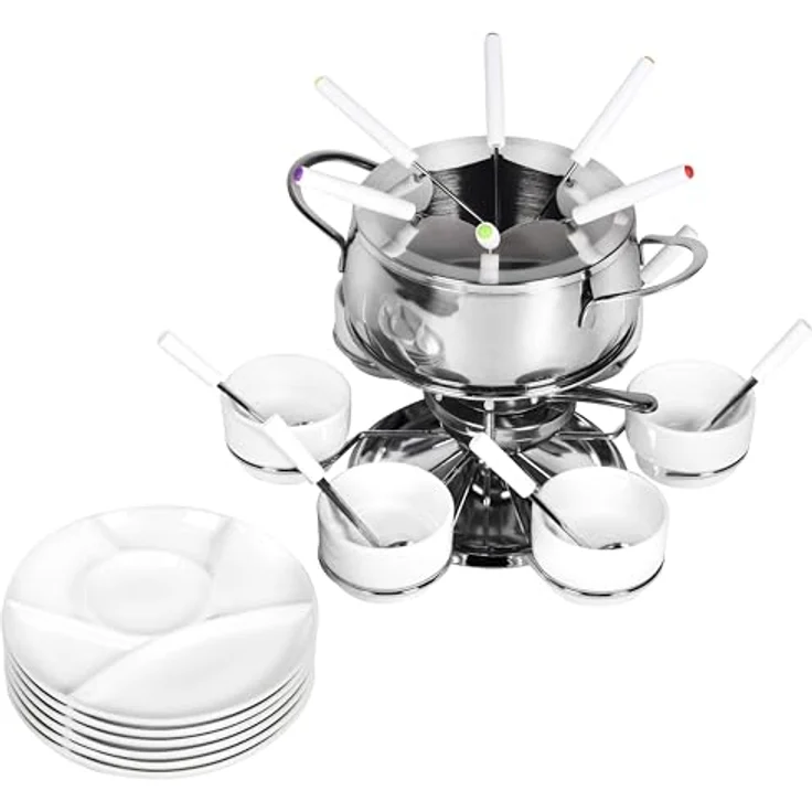 Ribelli Fondue Set 28-teilig Edelstahl 6X Gabel, Löffel, Teller, Schälchen Käsefondue Fleischfondue 6 Personen – Bild 1