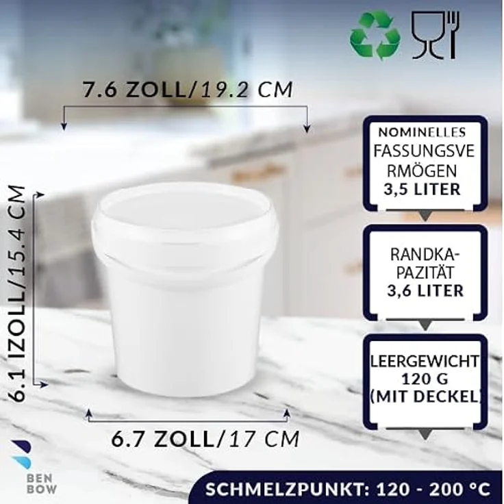 BenBow Eimer mit Deckel 3l weiß 5X 3l - lebensmittelecht, stabil, luftdicht, auslaufsicher, geruchsneutral - Plastikeimer mit Henkel - leer – Bild 4