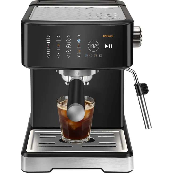 VANKEL Kafelux TC51P, Espressomaschine mit 20 bar Pumpendruck, 1400 W, Milchaufschäumer, LCD-Touchscreen, 1,7 L Wassertank, Kapseladapter, Edelstahl Schwarz-Silber