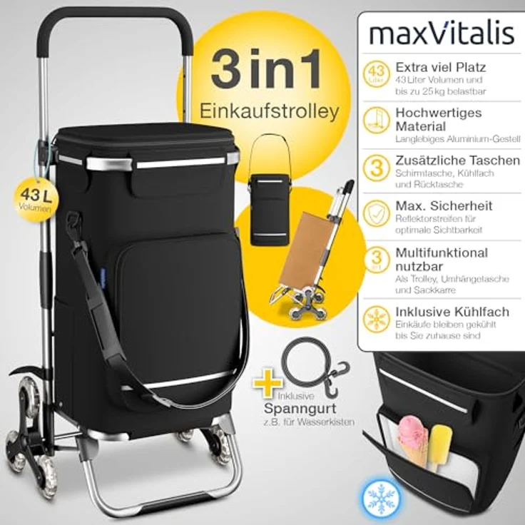 maxVitalis Einkaufstrolley Treppensteiger mit Kühlfach, Einkaufsroller klappbar, Shopping Trolley höhenverstellbar, Reflektoren, abnehmbare Tasche, 43 L, Hackenporsche (Treppensteiger-Trolley) – Bild 3