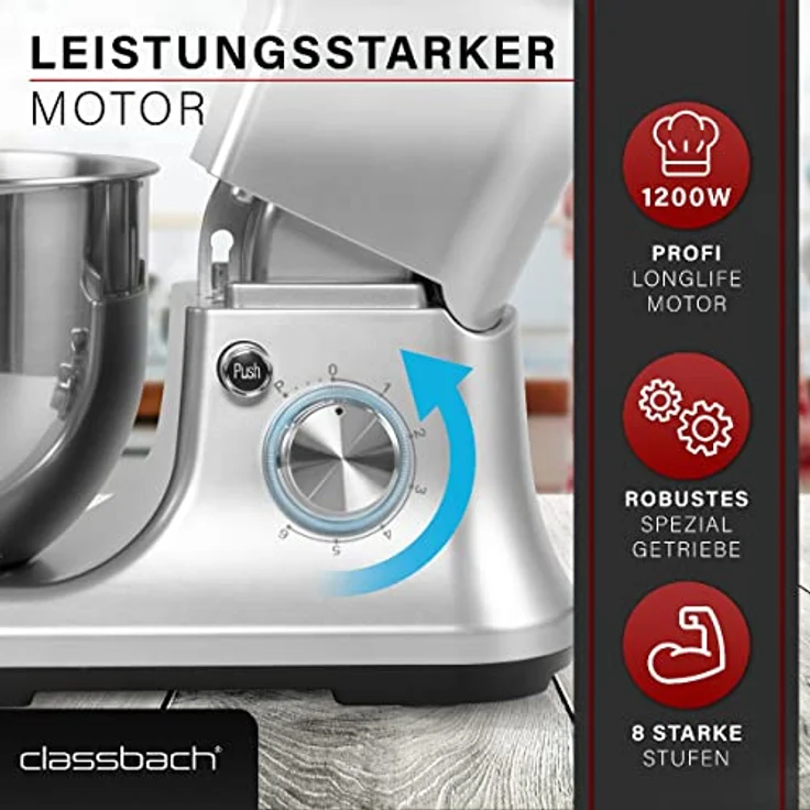 Classbach C-KM 4004 W Food Processor Set with Digital Kitchen Scales 1200 Watt Motor with 6 Speeds Quiet Mixing Machine 5 Litre Bowl Including 3 Attachments and Splash Guard – Bild 2