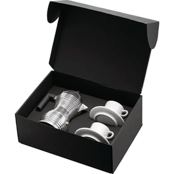 Alessi Pulcina Kaffeebereiter, 5-teiliges Set aus Gußaluminium mit schwarzem Griff und Porzellan-Obertassen, induktionsgeeignet – Bild 2