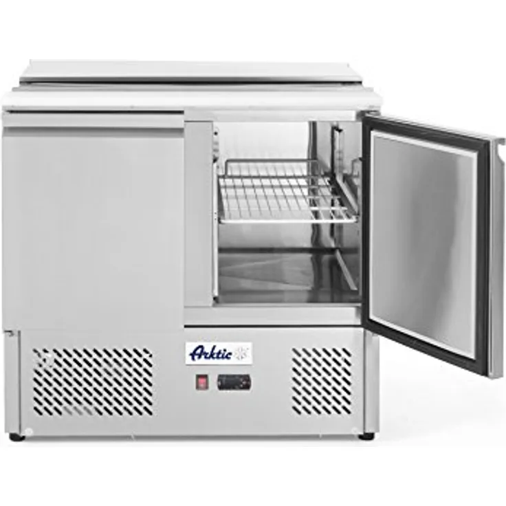 HENDI Saladette, Kühltisch, Zweitürig, Umluftkühlung, max -2 bis 8°C, Inklusive 2 Fachböden, je bis 15kg belastbar (bei gleichmäßiger Verteilung), 300L, 230V, 310W, 900x700x(H)888mm, Edelstahl