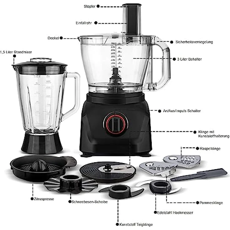 TurboTronic Küchenmaschine 1900W Food Processor mit Standmixer 3L Behälter 1,5L Glaskaraffe Raspelscheiben Zitruspresse Zerkleinerer Eiscrusher Power - Preisvergleich – Bild 4