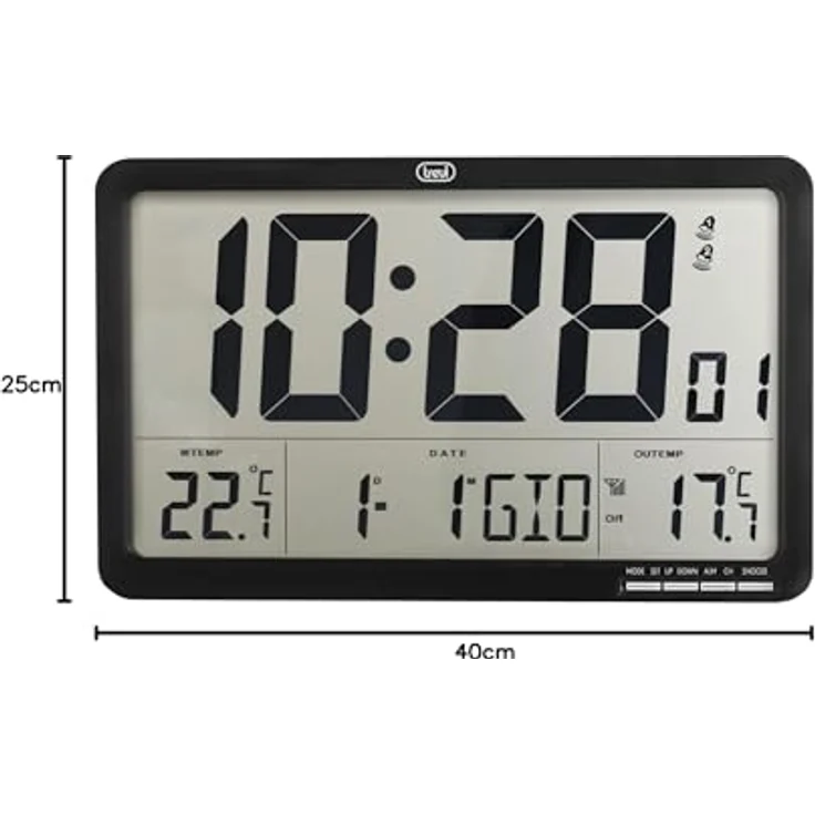Trevi OM 3560 RC, Digitale Wanduhr mit Aussensensor, programmierbarem Wecker, Kalender und Thermometer, 22.50 cm – Bild 6