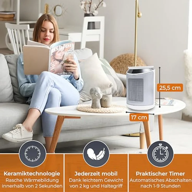 KLAMER Heizlüfter 2000 W, PTC Keramik Heizlüfter energiesparend, 3 Heizstufen inkl. Eco, 9 Std Timer, Kippschutz, Thermosicherung, Überhitzungsschutz – Bild 3