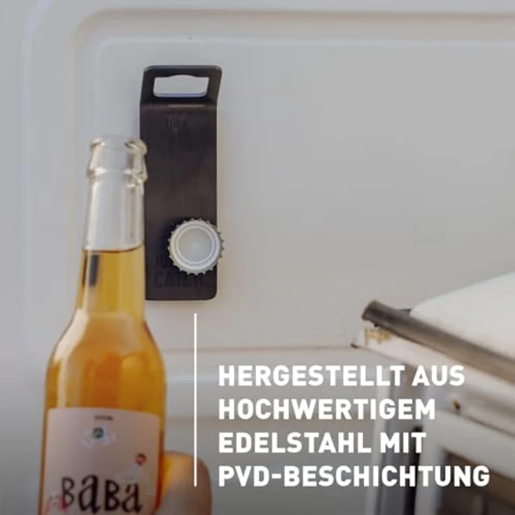 höfats Johnny Catch Magnet schwarz, Wand-Flaschenöffner mit Magnet, fängt bis 20 Kronkorken, schraubenlose Montage, Edelstahl mit PVD Beschichtung – Bild 4