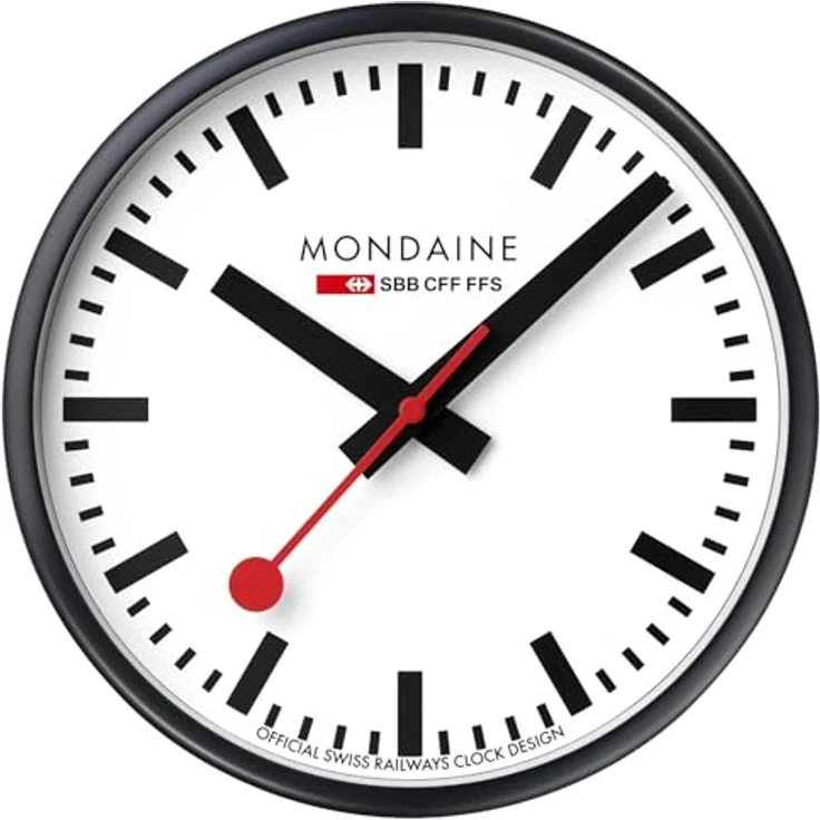 Mondaine A990.Clock.12SBB, Quarz Wanduhr 25 cm, Aluminium schwarz, Zifferblatt weiß, Stille Uhr, analog – Bild 1