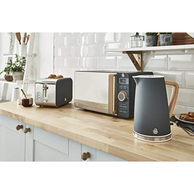 Swan Nordic Frühstücksset, Wasserkocher, 1,7 l, 2200 W, Breitschlitz-Toaster, 2 Scheiben, digitale Mikrowelle 20 l, modernes Design, Holzoptik, grau – Bild 3