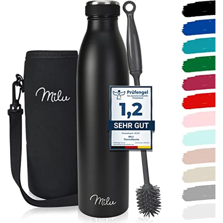 Milu Thermoflasche 350ml 500ml 750ml 1L 1,5L Isolierte Edelstahl Trinkflasche Thermoskanne Auslaufsichere Isolierflasche doppelwandig für heiße und kalte Getränke, Kohlensäure geeignet (Schwarz 750ml)
