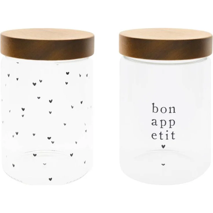 Bastion Collections 2er Set Vorratsdosen Bon Appetit & Herzen, 1400ml Glas mit Holzdeckel, luftdicht und dekorativ