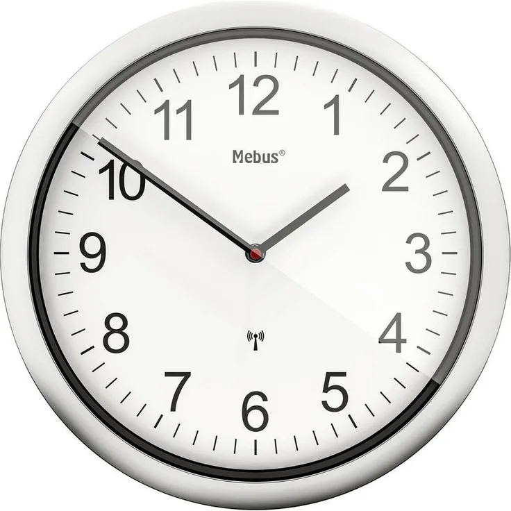Mebus Wanduhr Funk Wanduhr (Schleichendes Uhrwerk, lautlos) - Silbernes Gehäuse, klassisches Design