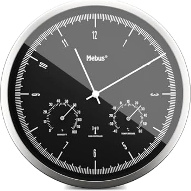 Mebus Kleine Funkwanduhr TinyTime mit Thermo- und Hygrometer | Wanduhr ohne Tickgeräusche | 25 cm | Weißes Zifferblatt | Aluminiumgehäuse | Temperatur- und Luftfeuchtigkeitsanzeige – Bild 1