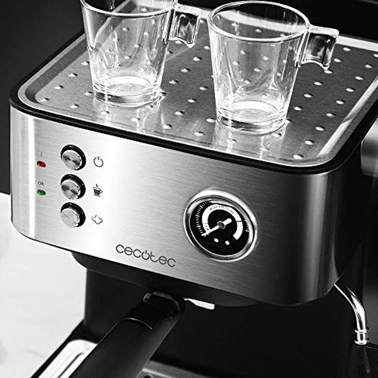 Cecotec Kaffeemaschine Power Espresso 20 Professionale.für 1-2 Tassen,20 bar, 1'5 L,Siebträger mit Doppelauslauf, Milchaufschäumdüse, Manometer,Tassenabstellfläche, 850 W, edelstahl – Bild 6