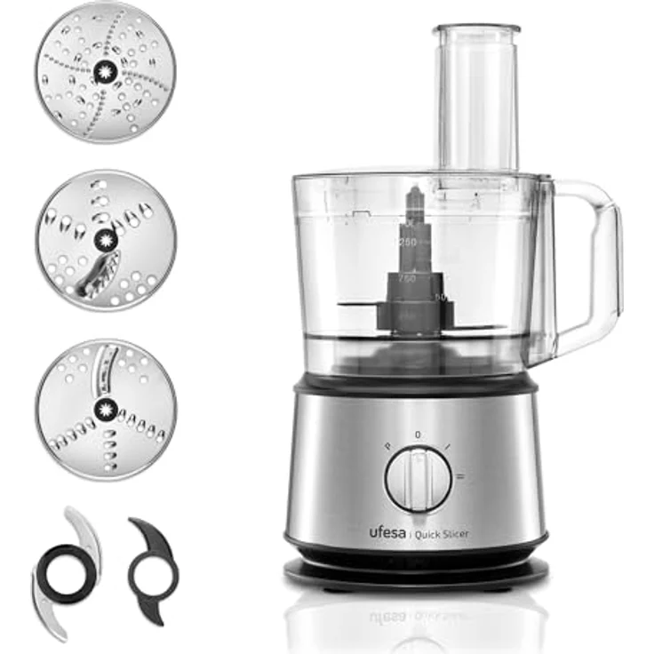 Ufesa Quick Slicer Processor 10-in-1, Multifunktions-Foodprozessor, 1200W, 1,5L, Edelstahlgehäuse, 3 doppelseitige Scheiben, Schneidemesser, Rührlöffel – Bild 1