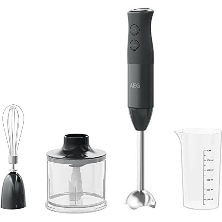 AEG HB416GG Stabmixer, 600W, 2 Geschwindigkeiten, inkl. Zerkleinererer (0,6L), Schneebesen, Messbecher (0,6L), schwarz – Bild 2