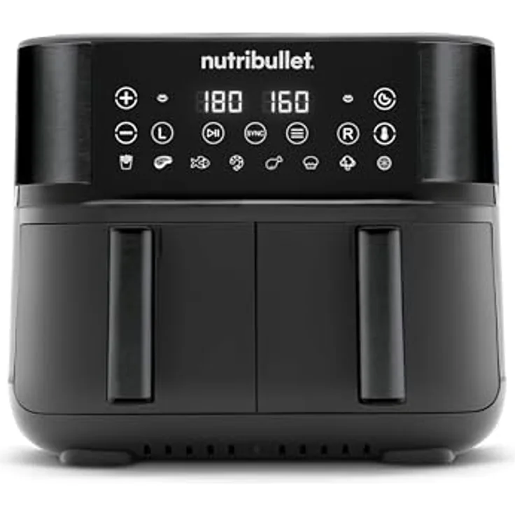 NutriBullet Twin Drawer Air Fryer 8L mit digitaler LED-Touchscreen, 8 Programme, kein Öl, 2850 W, Schwarz, NBA081B
