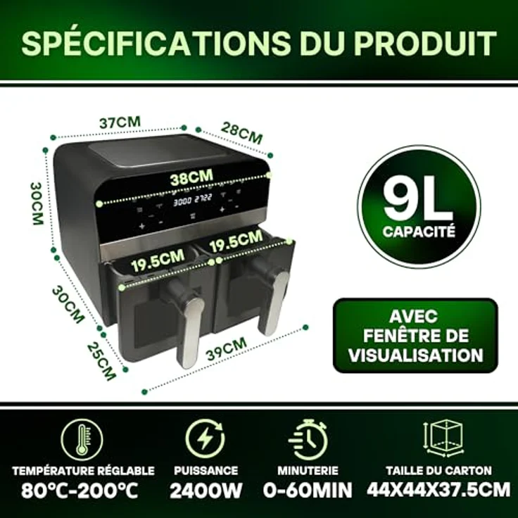 Comfy Nest CNAFD45WB, 2400 W digitale Heißluftfritteuse mit Doppelkorb, 9-Liter Sichtfenster und 10 Kochfunktionen – Grau und Schwarz – Bild 3