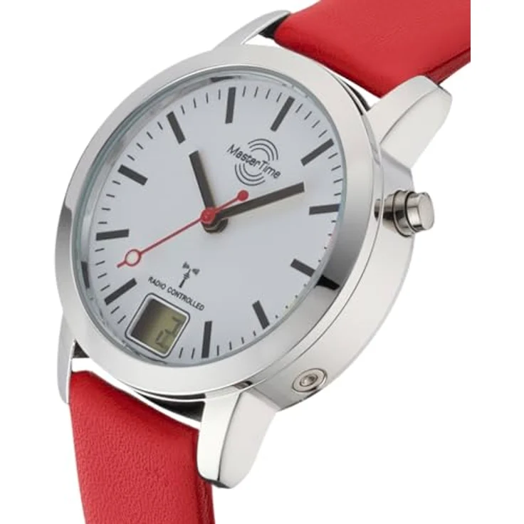 Master Time MTLA-10918-11L, Funk Quarz Damen Uhr Analog mit digitalem Datum und rotem Lederarmband – Bild 2