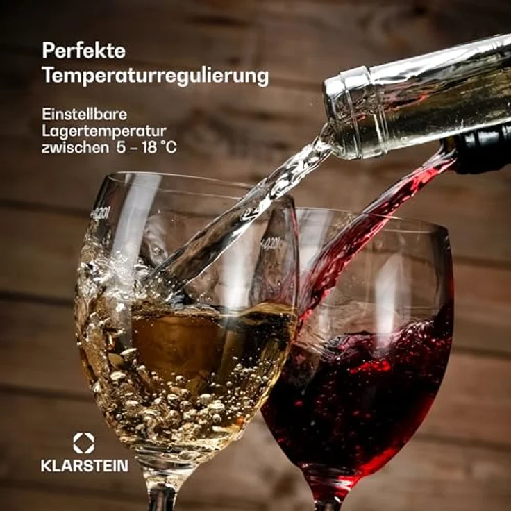 Klarstein Weinkühlschrank, 1 Zone Getränkekühlschrank, Leiser Indoor/Outdoor Kühlschrank, 63 Liter Flaschenkühlschrank Klein, Weinkühler für 24 Flaschen, 5-18°C, Gebürsteter Edelstahl – Bild 3