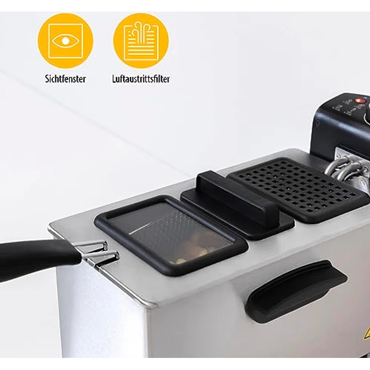 Tristar PRO FR-6947 Fritteuse, 2000 W, 3 L Fassungsvermögen, mit Öl, Drehregler, Edelstahl, Kunststoff, silber, schwarz – Bild 6
