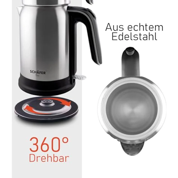 Elektronik Schäfer Teekocher Wasserkocher Edelstahl Silber, 2in1 mit Teesieb, Warmhaltefunktion, 2,7 Liter, 1850-2200W – Bild 2