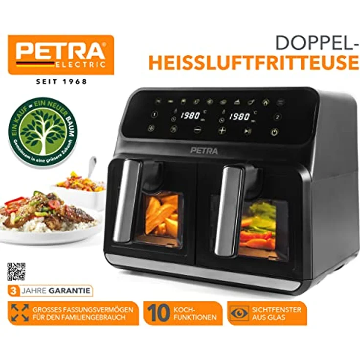 Petra PT5196GWVDE 7,6-l-Doppel-Heißluftfritteuse - Fritteuse ohne Öl, Ölfreier Kocher, Doppelschublade mit Glassichtfenstern, 2 antihaftbeschichtete große Frittierkörbe, 10 Kochfunktionen, 1700 W – Bild 2